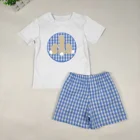 Boys Boys Clothes 2020 Easter Clothes Wholesale Boutique Clothing Bunny Applique Gingham Cotton Boys Short Set