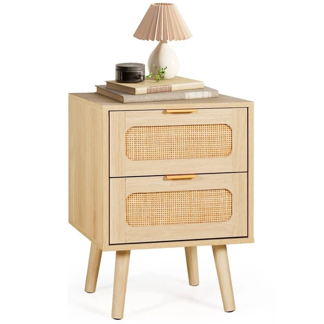 Bohemian Rattan Nightstand Wooden Nightstand with Two Rattan Drawers and Four Solid Wood Legs Family Bedside Table For Bedroom