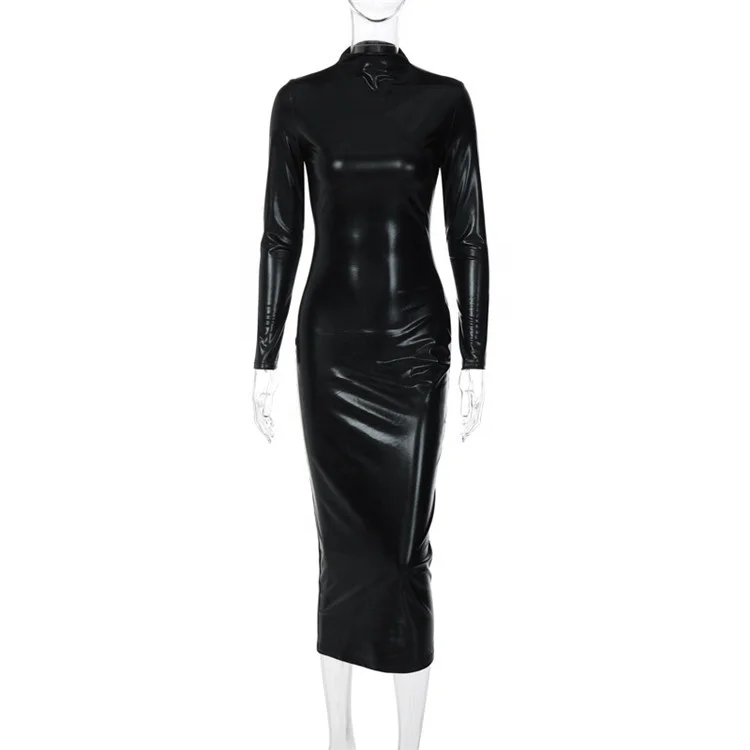 Black Long Sleeve Pu Midi Dress For Women Bodycon Sexy Long Dress Streetwear Party Club Outfits