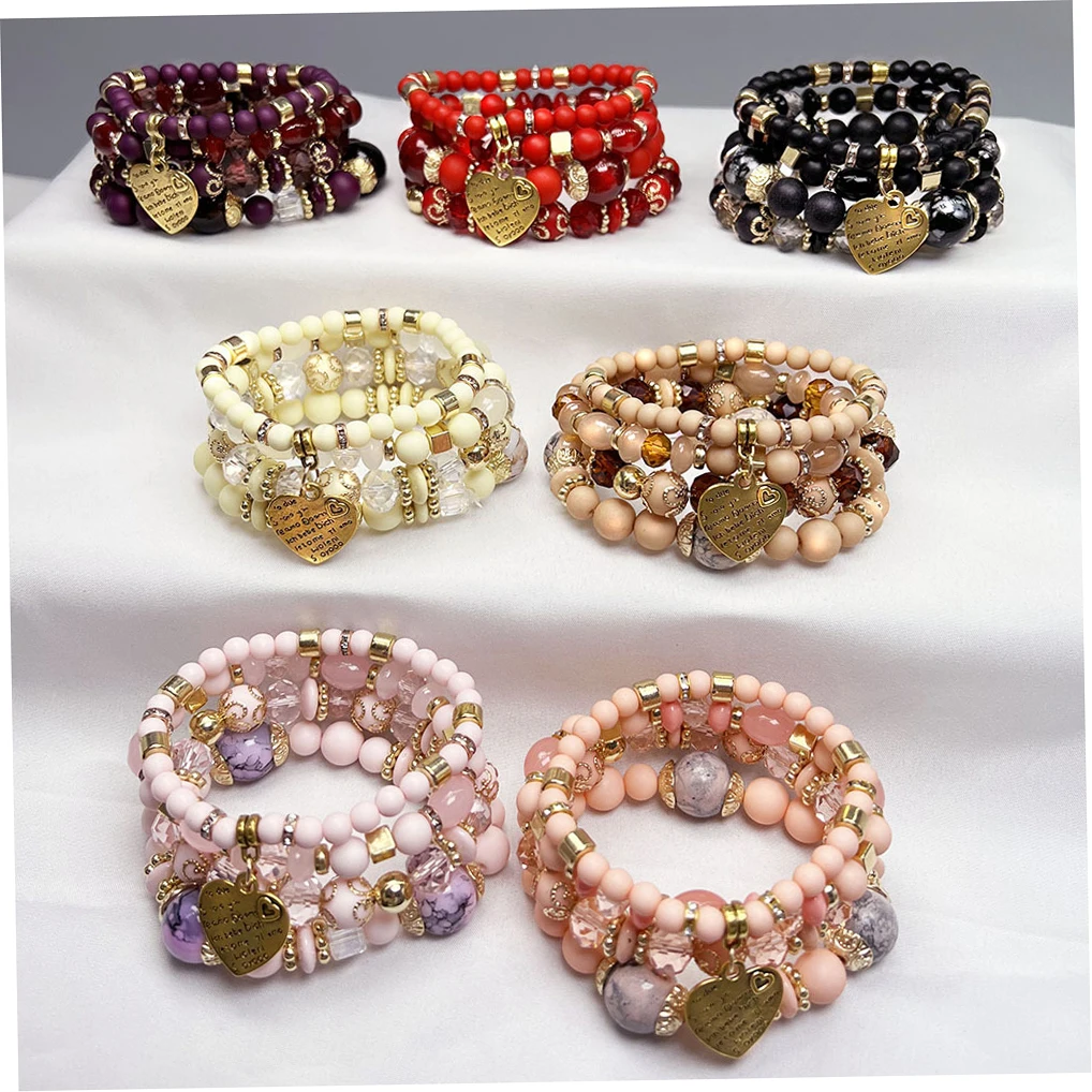 INS Vintage Boho Acrylic Colorful Glass Bead Layered Heart Bracelet Women Men Handmade Elastic Rope Bracelet For Gift