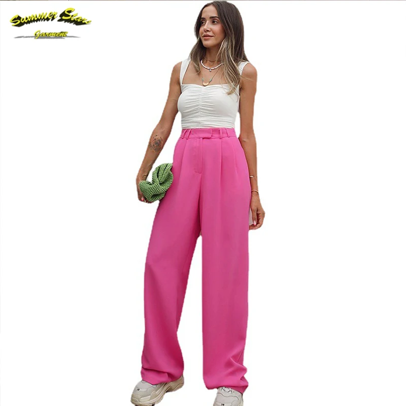 Summer New Fashion Leisure Straight Pants Thin Wide Leg Pants for Women Suit Pants Pink European and American