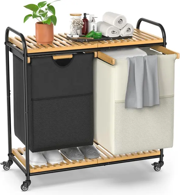 Bamboo Laundry Basket with Wheels Tall Laundry Sorter 2 Pull-Out Removable Bags  Double Laundry Hamper for Dirty Clothes