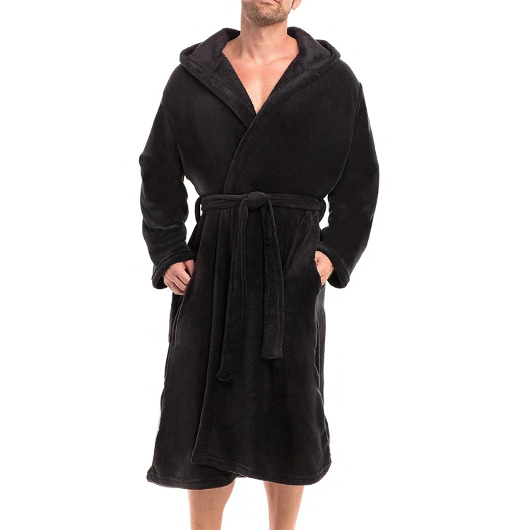 polyester fleece men bathrobe custom shawl collar black bathrobe