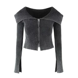 Autumn New Long Sleeve Turn Down Collar Slash Neck Gradient Zipper Knitted Cardigan Women Sweater