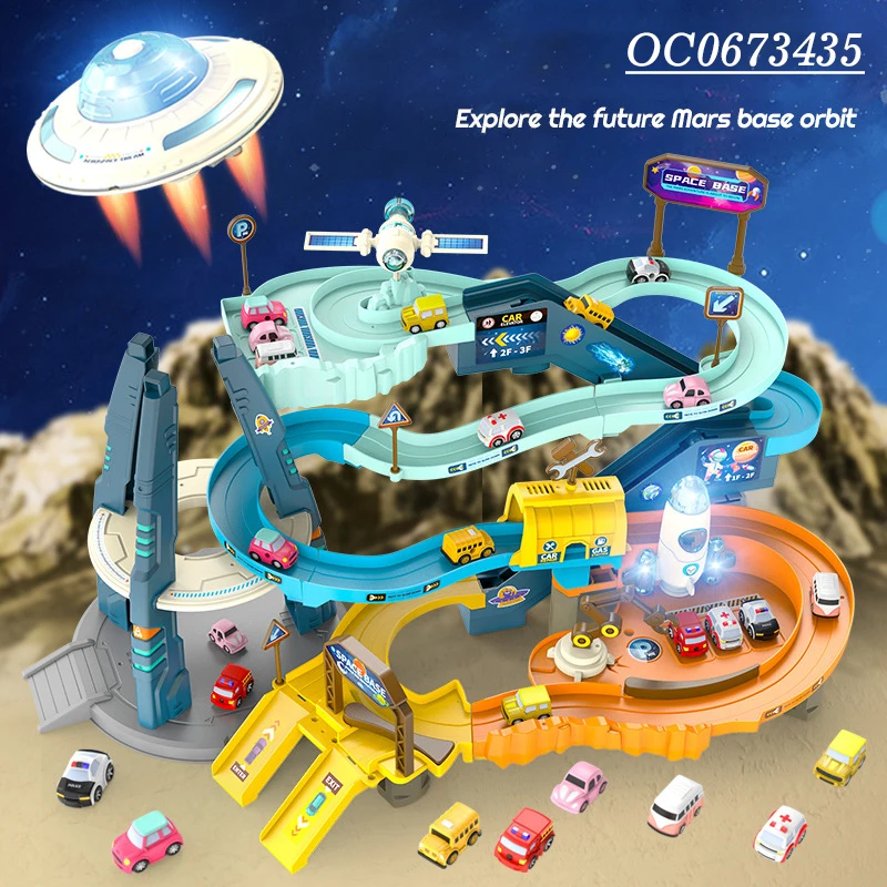 Car parking lot toy adventure race track electronic educational kids toy with 4pcs mini cars