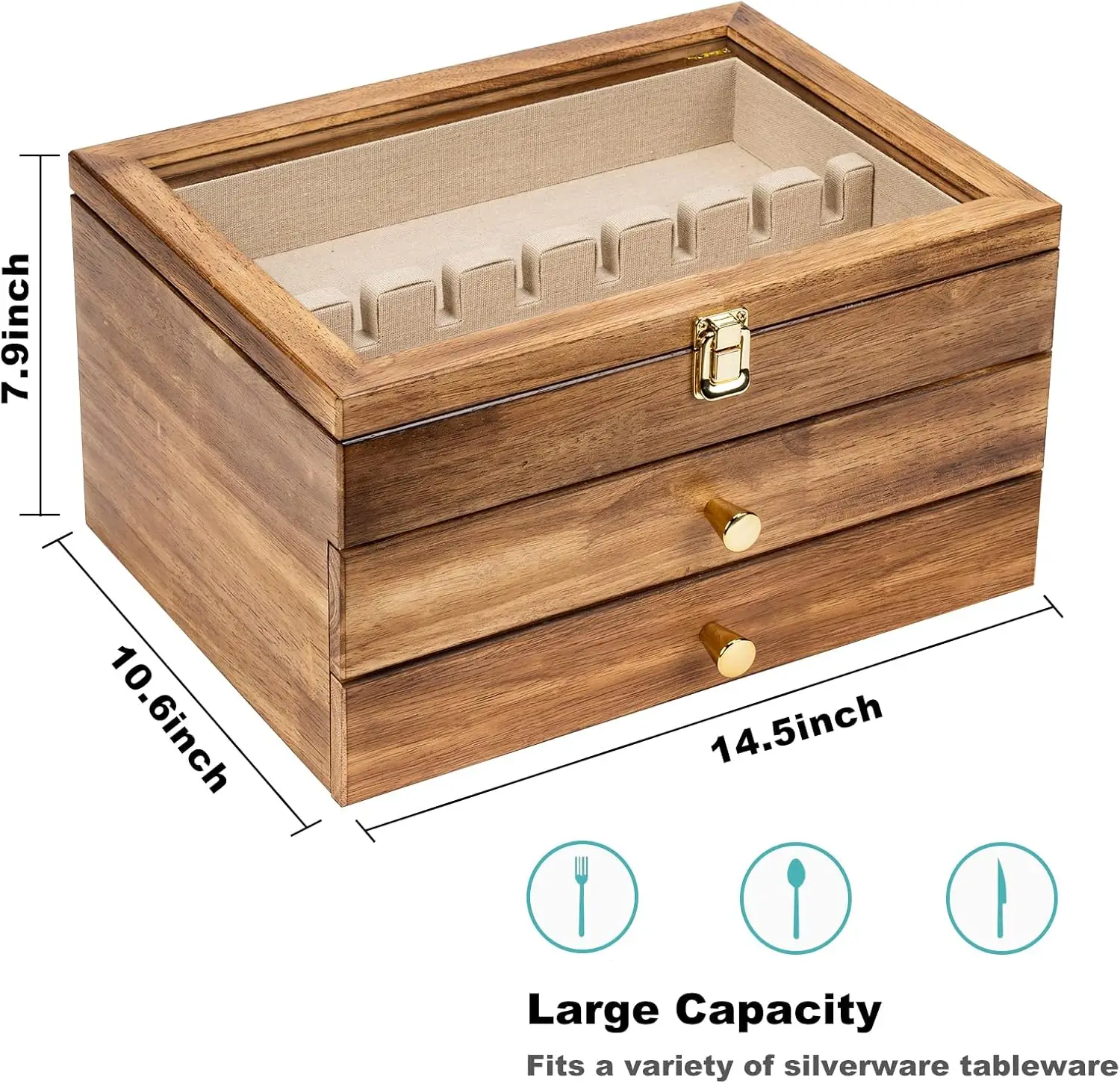 product wooden silverware chest with glass lid 2 drawer flatware storage box felt lined cutlery organizer for kitchen dining utensils-7