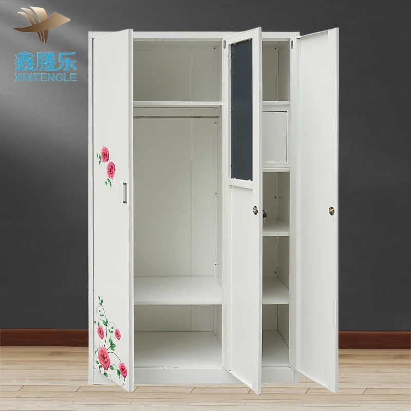 Hot Sale Customized White Color Mirror swing doors modern design pattern transfer metal wardrobe steel almirah