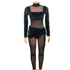 2022 Women's Velvet Sheer Mesh Splicing Bodysuit Turtle Neck Body Tops Custom OEM See Through Leotard