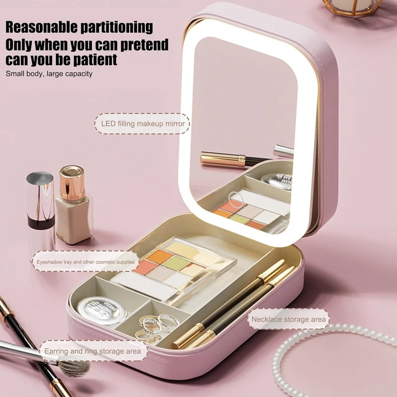 Pu Leather Makeup Organizer Storage Box with Led Mirror Portable Travel Makeup Bag Case With Led Light Mirror