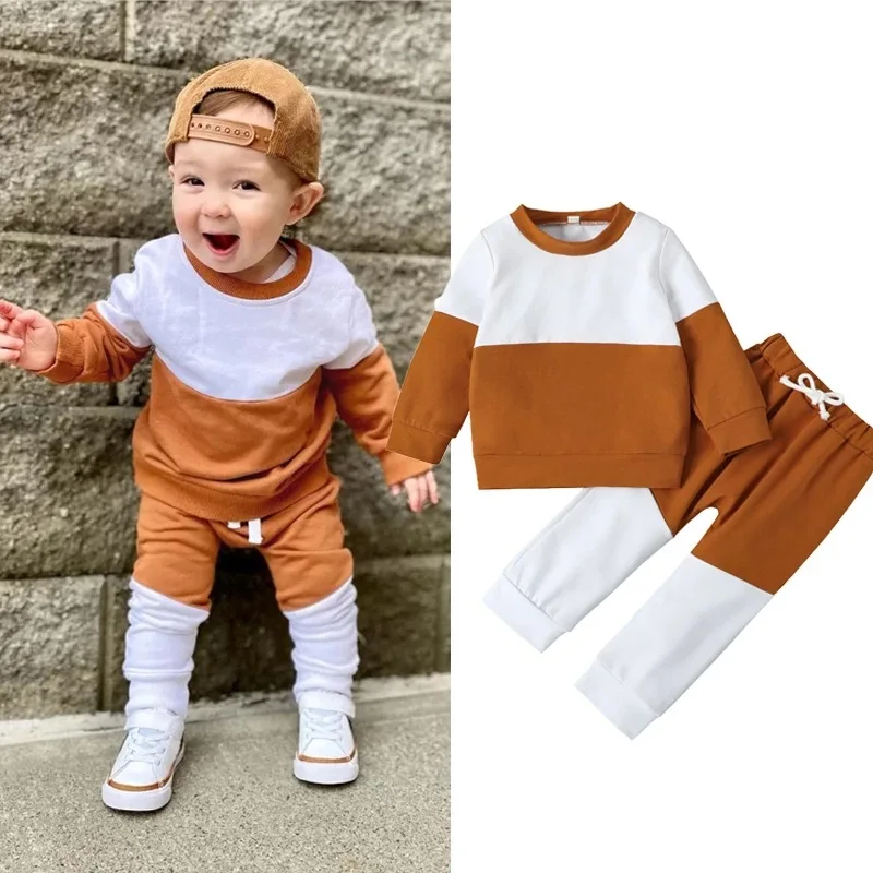 New style autumn boys color matching sweatshirt suit fashion casual pullover crew neck sweatshirt sets for kids