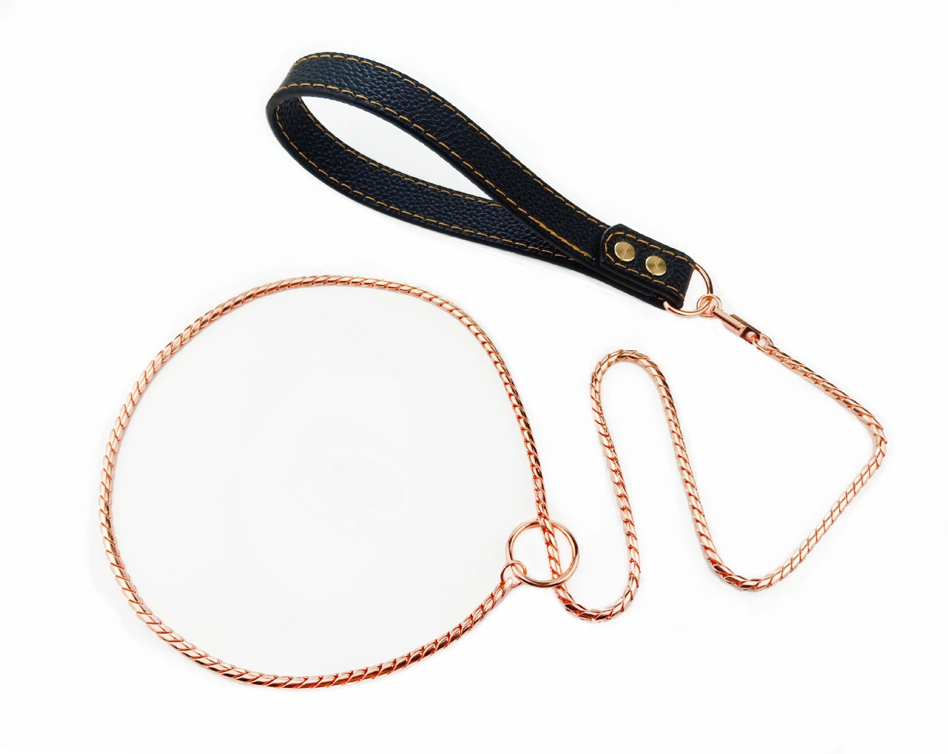 Snake Dog Collar and Leather Chain Stainless Steel Dog Leash with Leather Handle