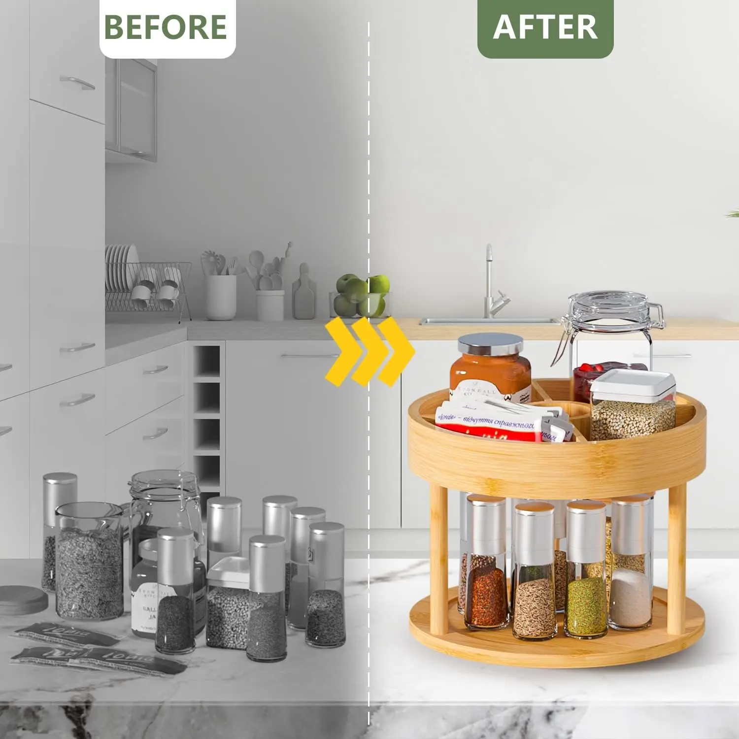 product round 2 tier rotating lazy susan turntable home kitchen bamboo spice rack organizer for cabinet-0