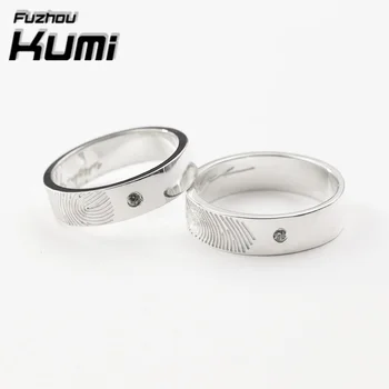 Gemstone Wedding Finger Rings Set Sterling 925 Silver Personalized Fingerprint Jewelry for Men Women