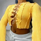 Ladies Top JY-20032P 2020 New Arrivals Ladies Hollow Out Lace Up Top Ribbed Solid Colors Blusas De Mujer