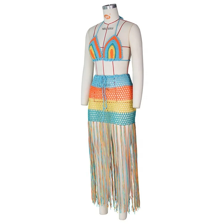 Women Summer Beach Rainbow Crochet Sexy Beach Two Piece Set Bra Crop Top Tassel Bodycon Skirts Suit