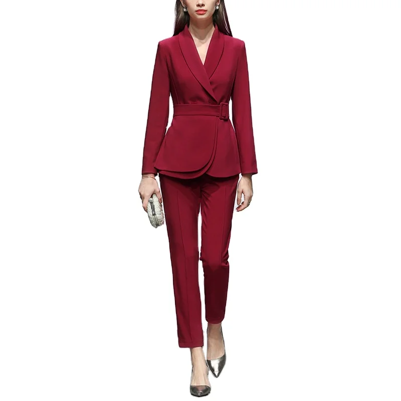 Burgundy Temperament Pants Suit Women 