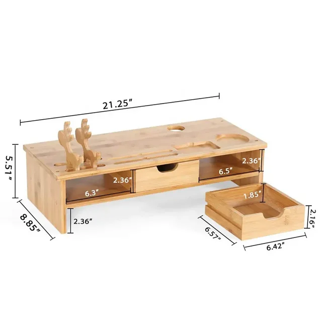 Bamboo Monitor Stand Riser With Storage Organizer Desk Shelf With Drawer And Keyboard Storage
