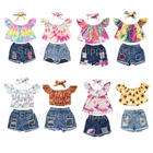Baby Girls Top Boutique Baby Girls Off-shoulder Top With Demin Shorts Set Kids 3pcs Summer Clothes Set
