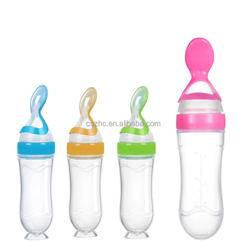 USSE Hot Sale 3oz/90ml Silicone Baby Solid Food Feeder Baby Spoon Bottle Squeeze Spoon