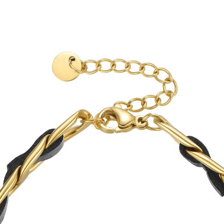 Latest High Quality 18K Gold Plated Stainless Steel Jewelry Metal Chain Knit Leather Cord Bracelet B212237