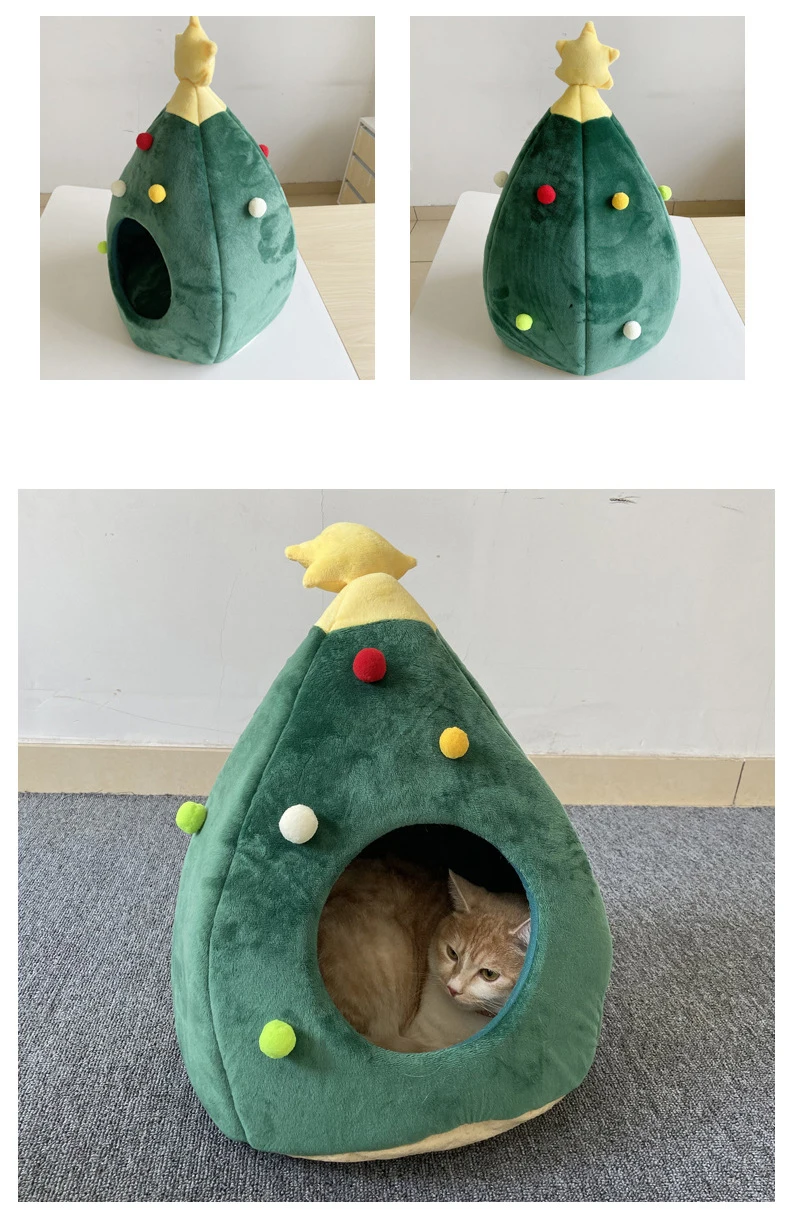 Merry Christmas Pet Supplies Winter Cat Tent High Quality Christmas Cartoon Tree Warming House with Mat Christmas Tree Gift Bed manufacture