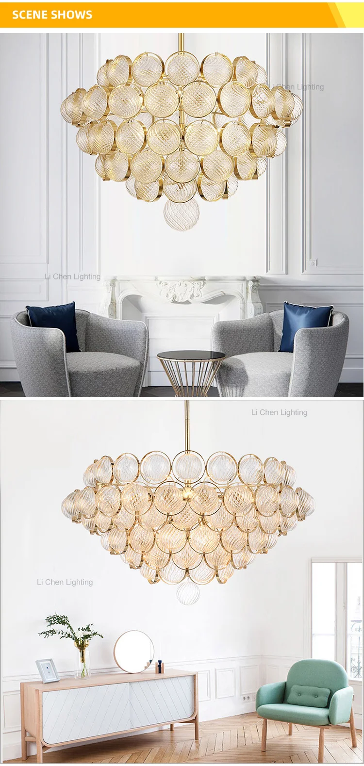 p0023 modern textured glass chandelier luxury art gold suspension lamp for living room-3