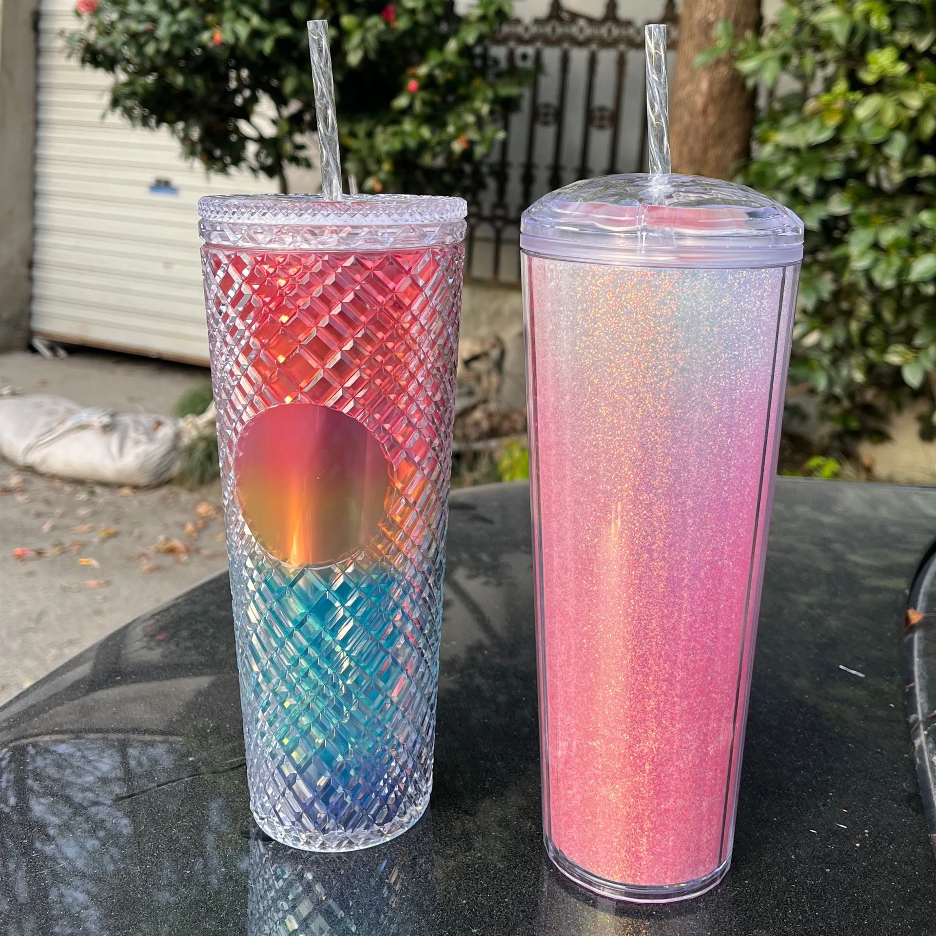 24 oz BPA Free Plastic Jeweled Double Wall Insulated Tumbler Coffee Cup Travel Mug with Lids and Straws Vulcanus