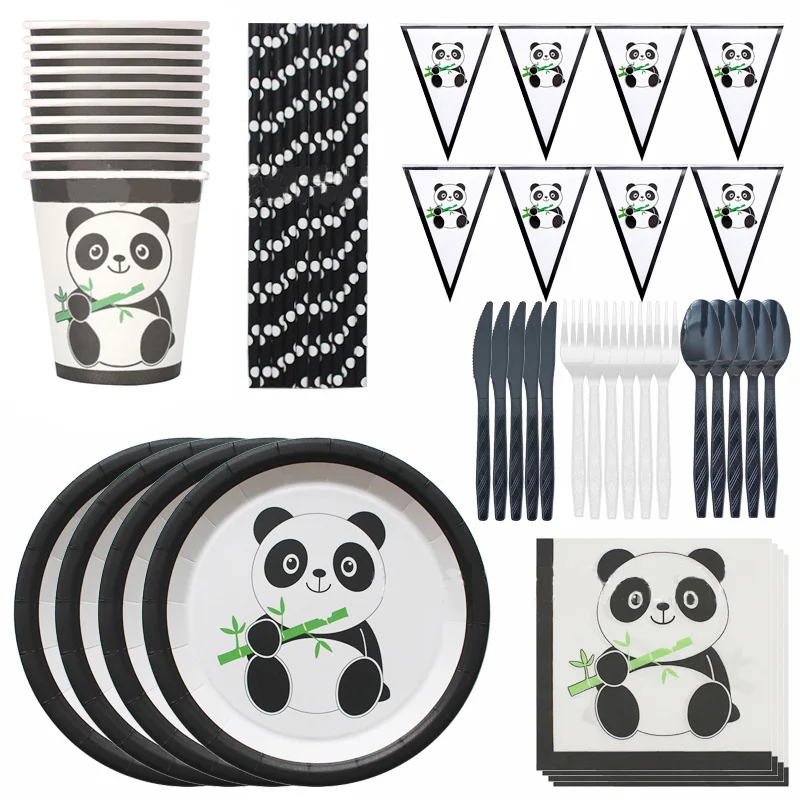 Custom Print Cartoon Panda Disposable Tableware Set Birthday Parties Paper Plates Cups Napkins