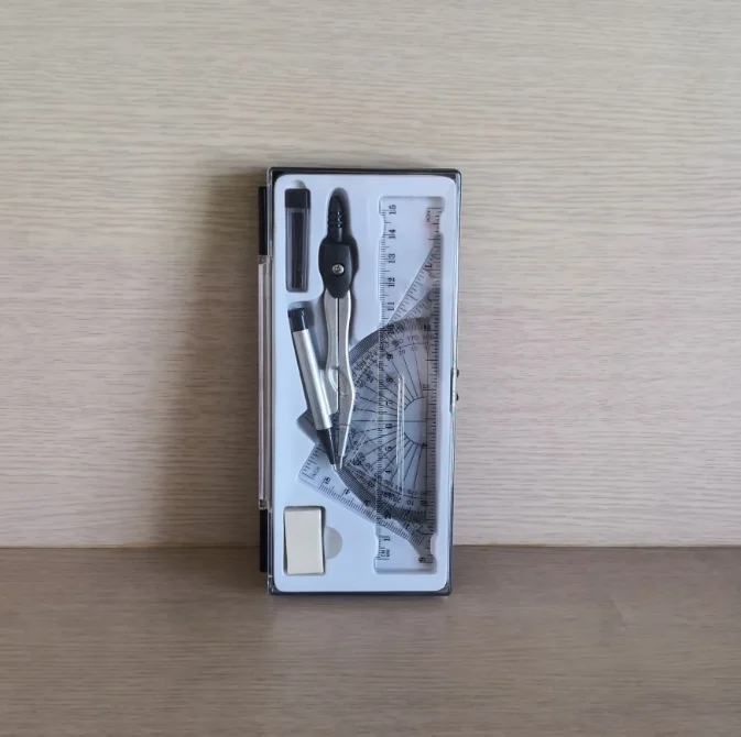 3 Colors Custom Printing Logo Transparent Box Compass Pencil Sharpener Ruler Set Math Instrument Set