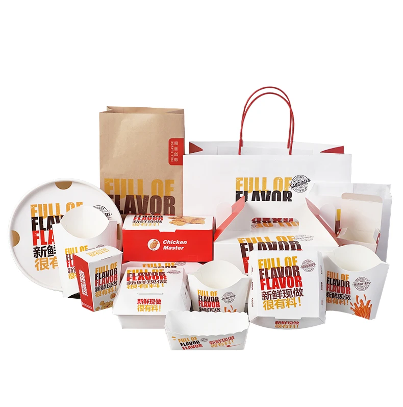 Custom printed fast food packaging boxes set series disposable takeaway french fries fried chicken burger box