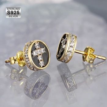 KRKC Mens 925 Silver Stud Earrings Set Black Crystal Cubic Zirconia CZ Diamond Gold 925 Sterling Silver Studs Earring for Women