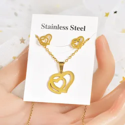 Fashion Jewelry Set Women Non Tarnish 18K Gold Stainless Steel Heart Pendant Necklace And Earrings Set For Couple Gift