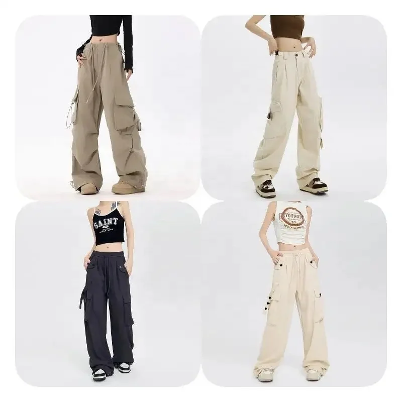 Womens Casual Loose Pants Comfy Cropped Work Pants with Pockets Elastic High Waist Paper Bag Pants