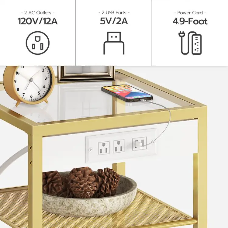 Wholesale Gold and Black Living Room Glass Side Bedside Tables Modern 3-Tier Nightstands with Storage Shelves Charging Station