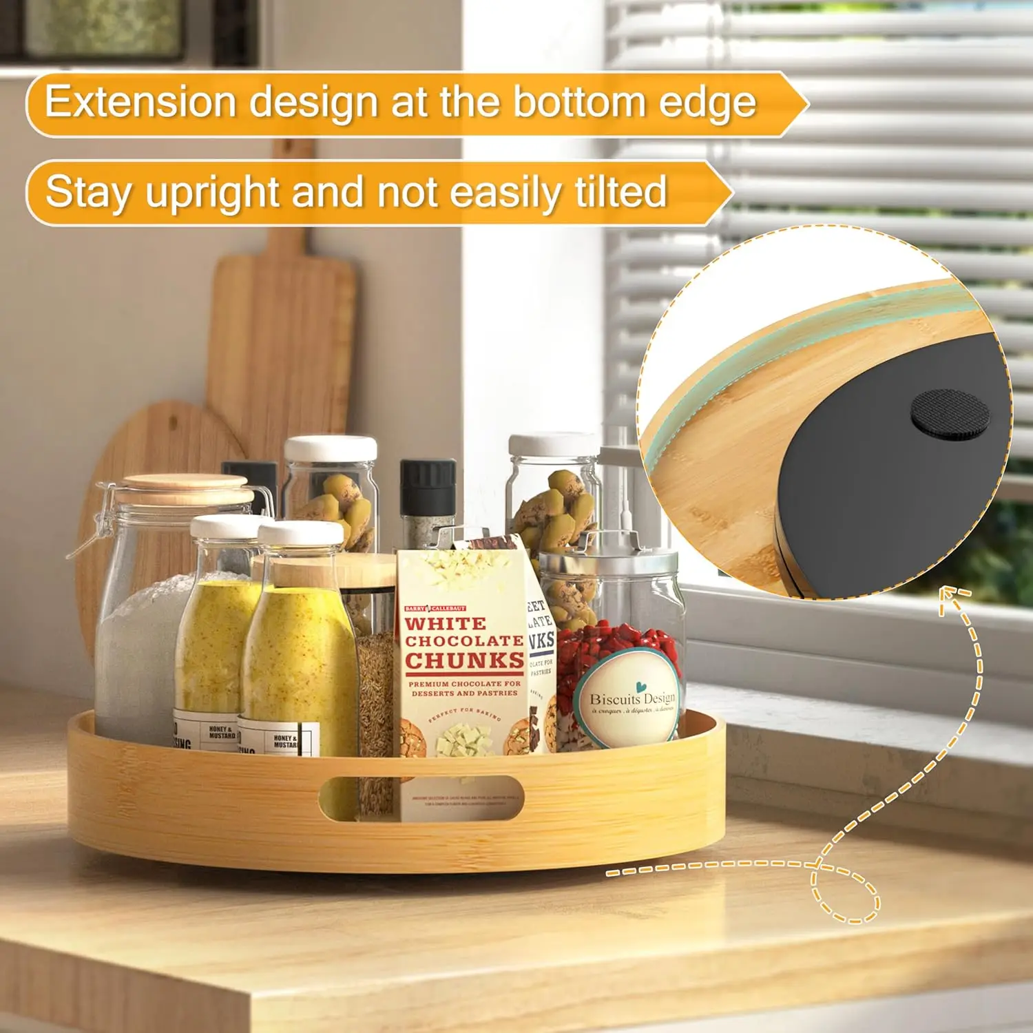 product bamboo lazy susan organizer non skid kitchen rotating spice rack wood turntable kitchen cabinet storage shelves-9
