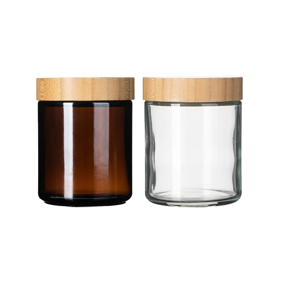 Transparent And Amber Color 9 oz Straight-Sided Jars 70-400 Finish Bamboo / Wood Lid For Protein powder Tea Peanut Sauce Candle