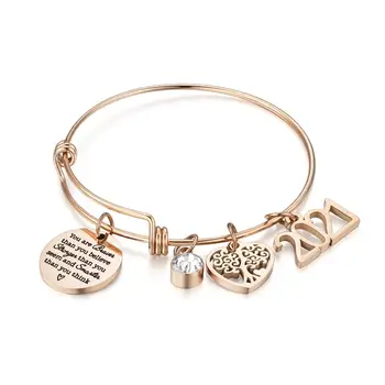Women Inspiration Jewelry Silver Gold Plated Heart Stainless Steel Charm Bracelet Engraved Adjustable Wire Bangle Bracelet