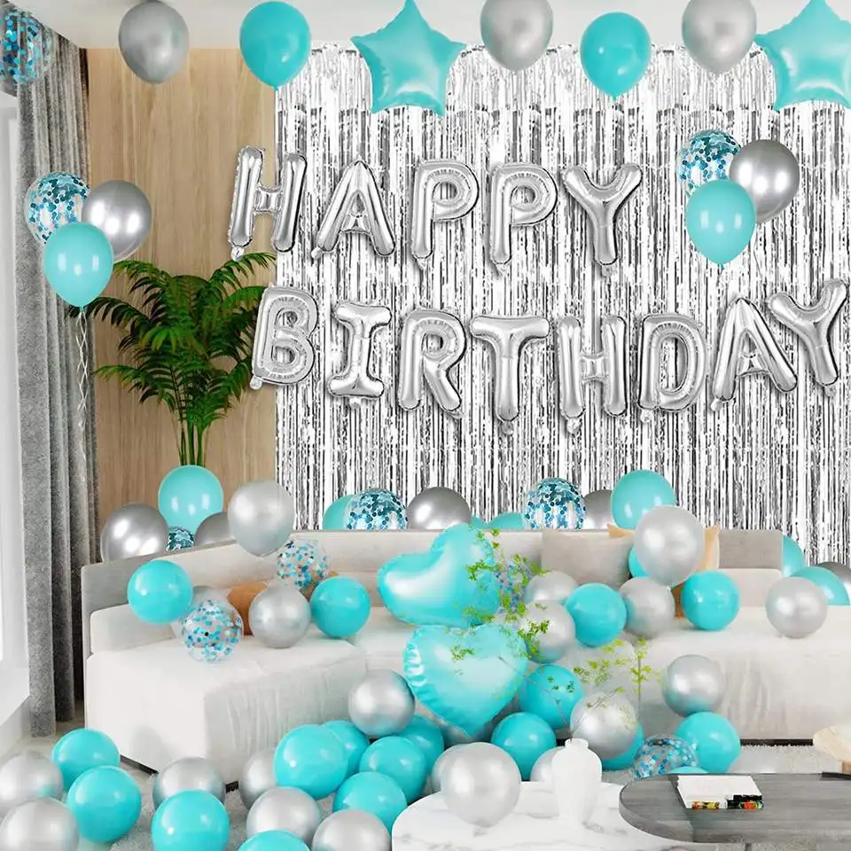 Silver Mint Green Balloon Foil Fringe Kids Birthday Theme Decoration Supplies