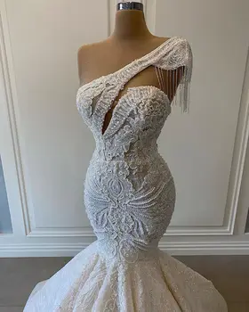 Elegant Dresses Women Party Weddings Garden With Applique Sequins Pearls One Shoulder Mermaid Church Wedding Dress