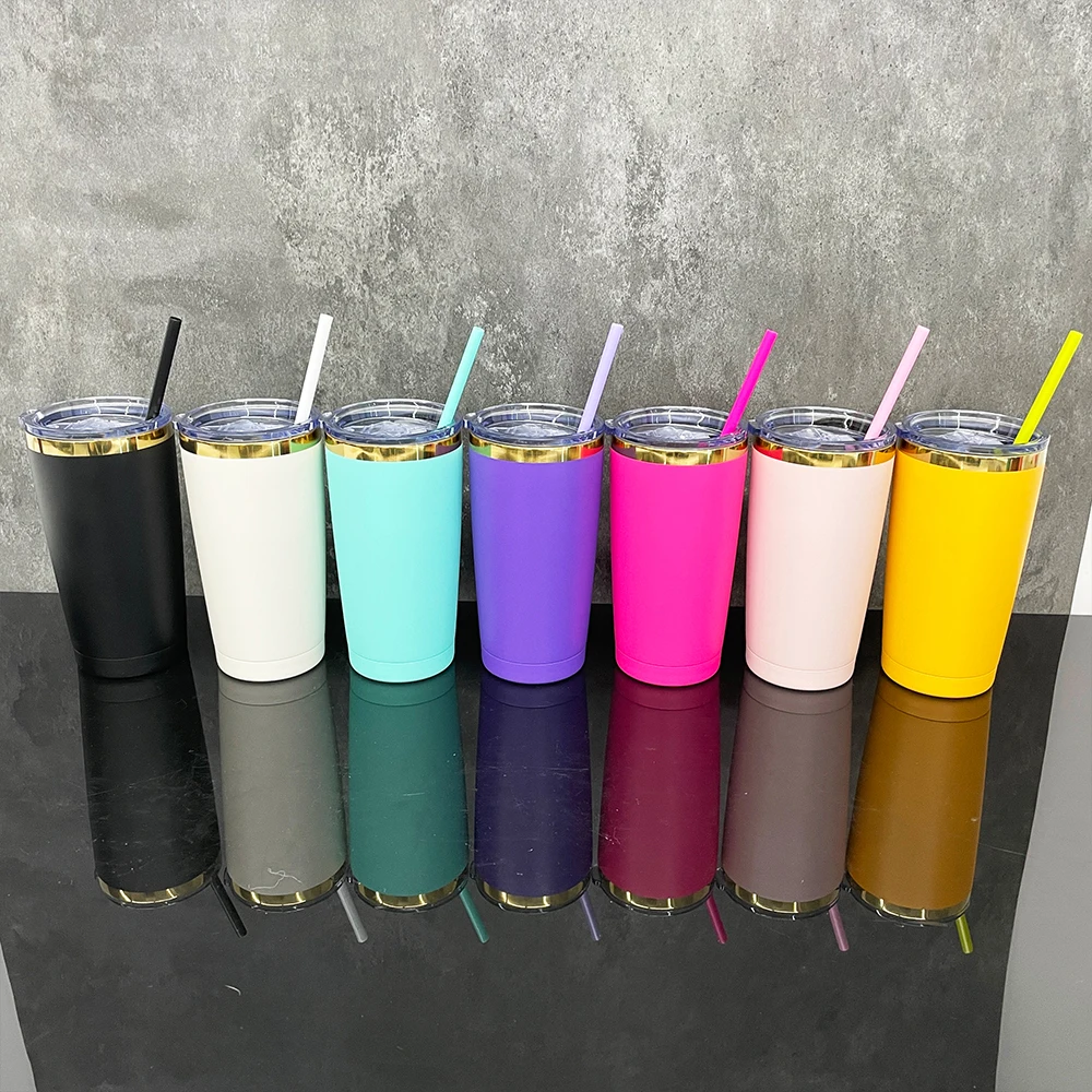 wholesale bulk travel mug stainless steel coated black white mixed Car 20oz tumbler with straw for laser engraving