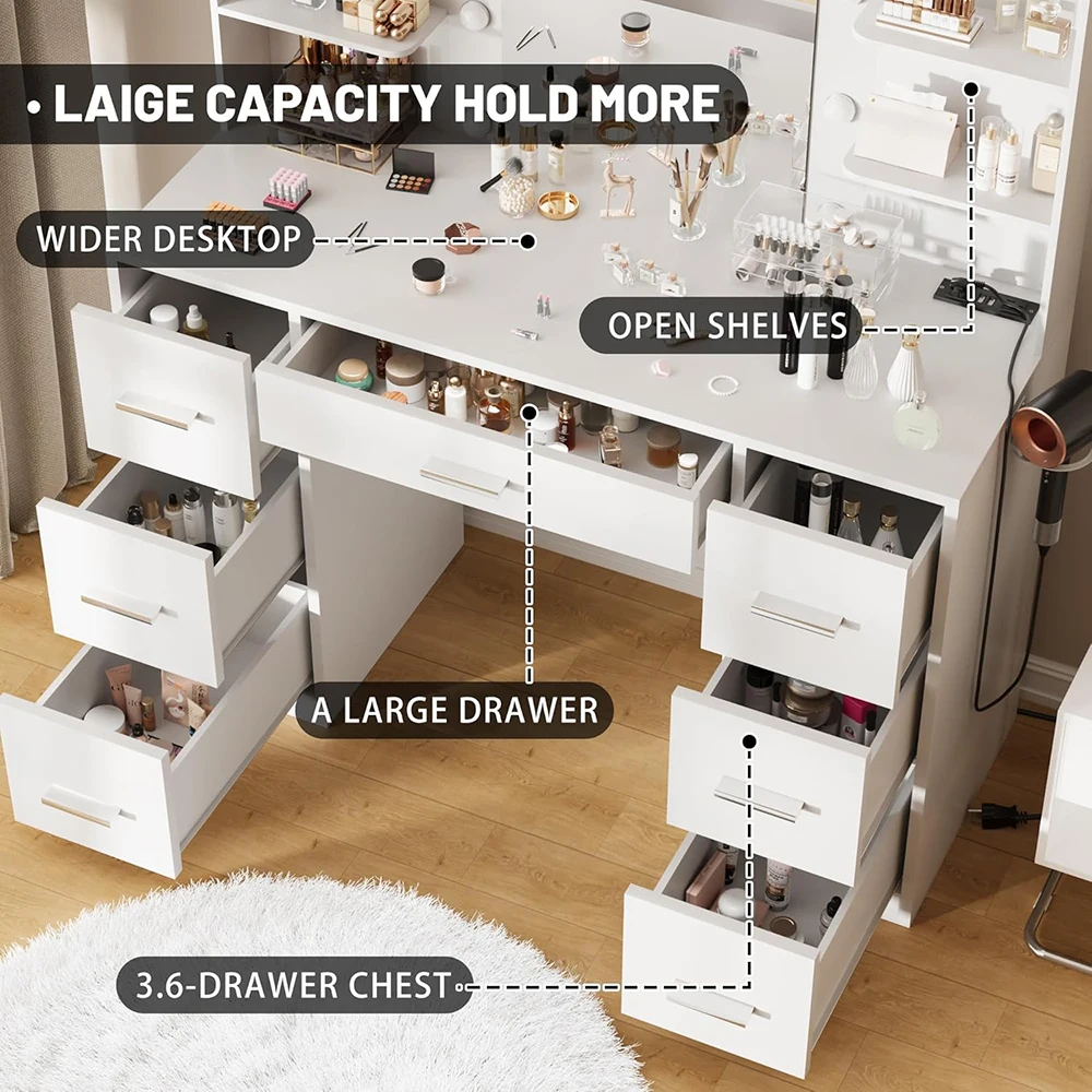 Bedroom Modern Wood Dressing Vanity Desk with Mirror LED Lights Power Outlet Makeup Table with 7 Drawers 6 Storage Shelves manufacture