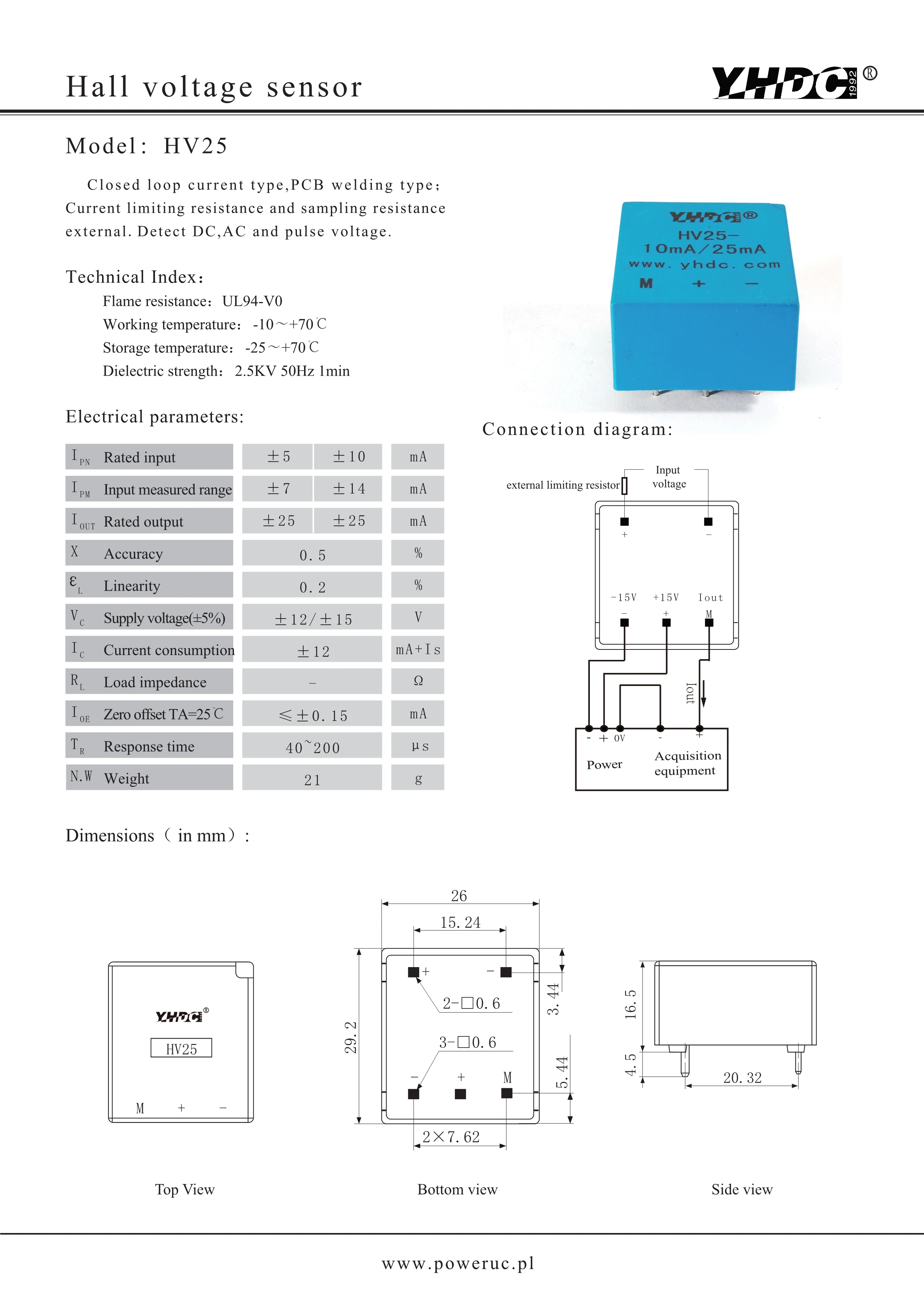 10mA/25mA DC AC pulse voltage measuring encapsulated hall voltage sensor