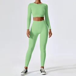 YIYI Long Sleeves Crop Tops Seamless Gym Suits Breathable No See Through Sports Sets Pants Athleisure Elastic 2 piece Yoga Set