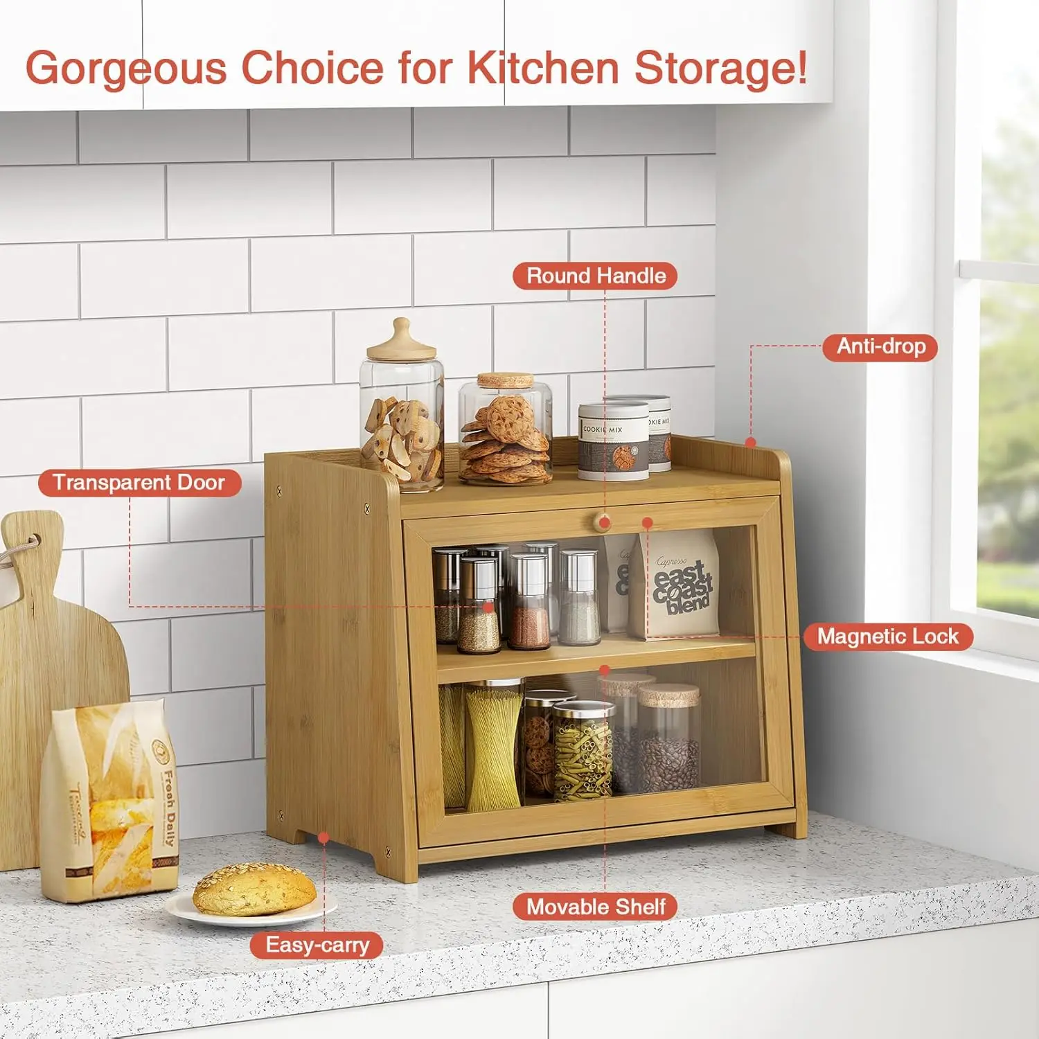 product bamboo bread box vintage wooden kitchen counter organizer storage cabinet for bread coffee spices snacks in bedroom bathroom-11