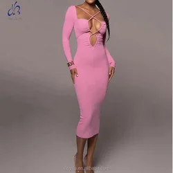 High Quality Fashion Spring Lady Long Sleeve Pink Sexy Bodycon Midi Dress For Women Hollowed Out Elastic