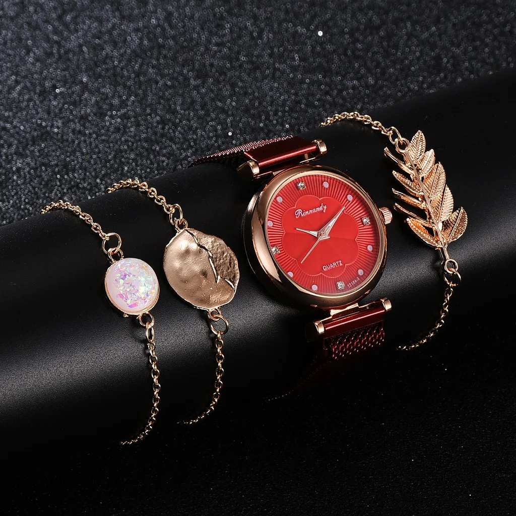 fashion watch maple leaf geometric necklace bracelet set magnet buckle simple flower dial with box girl Christmas gift