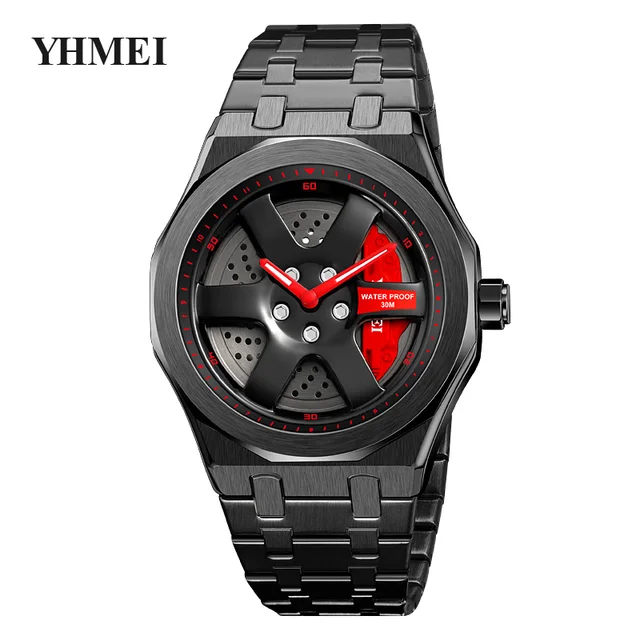 New Fashion Black Car Wheel Design Quartz Watches Men Rim Hub Wheel Men wristwatch relogio Spinning Watch Customisable Logo