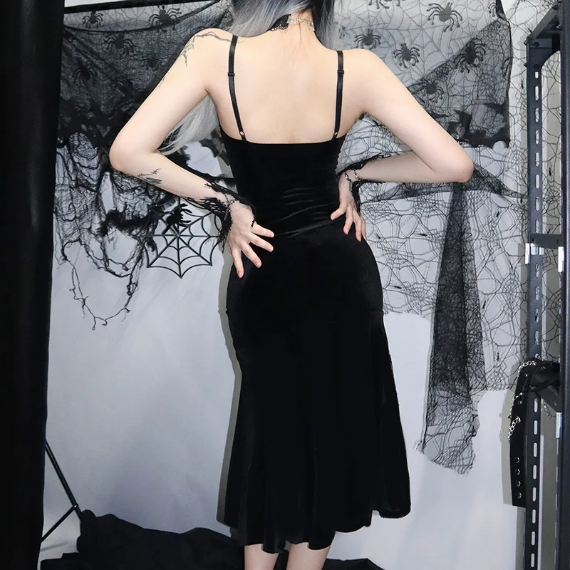 Hot-selling Gothic Lace Slim Stitching Sling Mermaid Velvet Dress for women