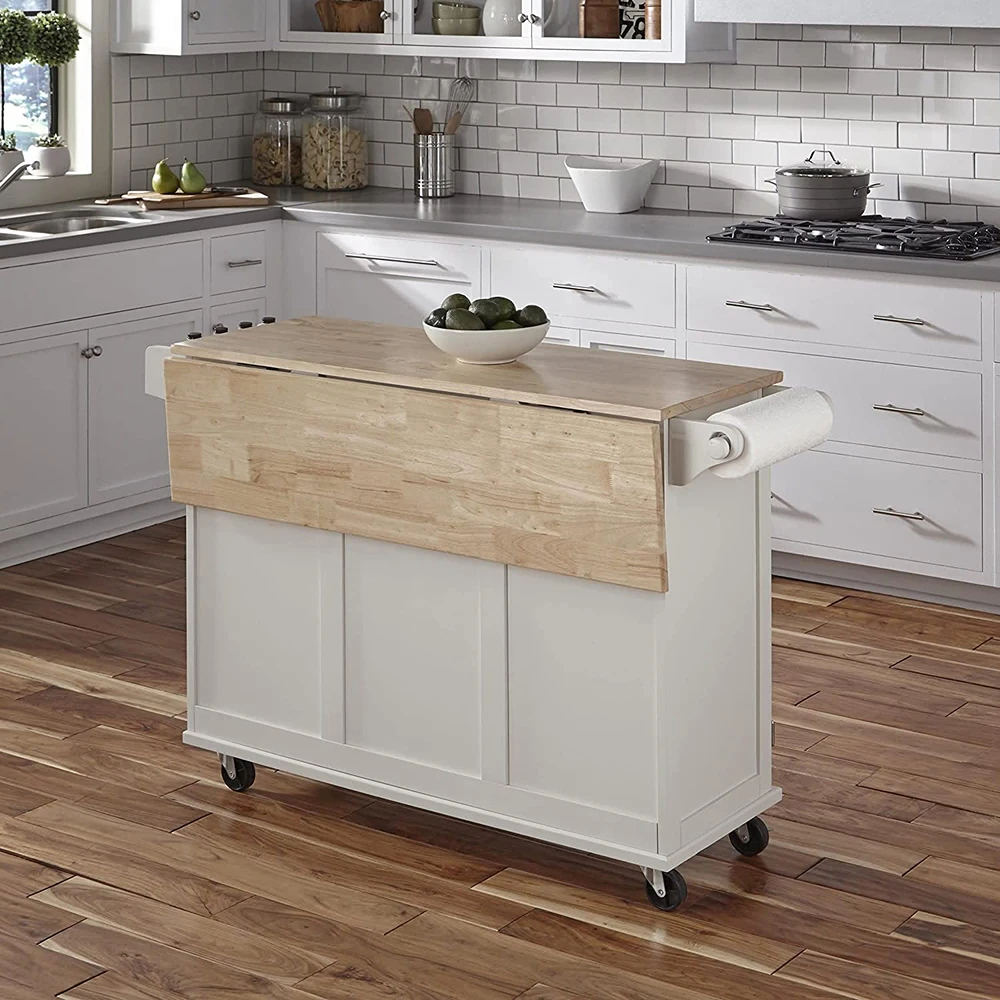 White Mobile Kitchen Trolley with Wheels Kitchen Island Cart with Wood Drop Leaf Breakfast Bar supplier