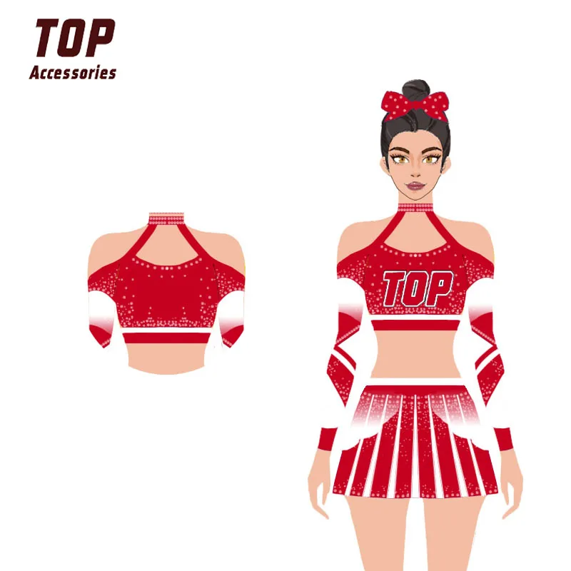 Custom Sexy Red Comfortable White Bling Rhinestones Wholesale Team Cheerleading Uniform Cheer Uniforms